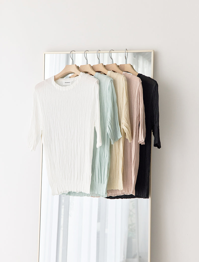 PLEATED KNIT CREW-NECK TOP