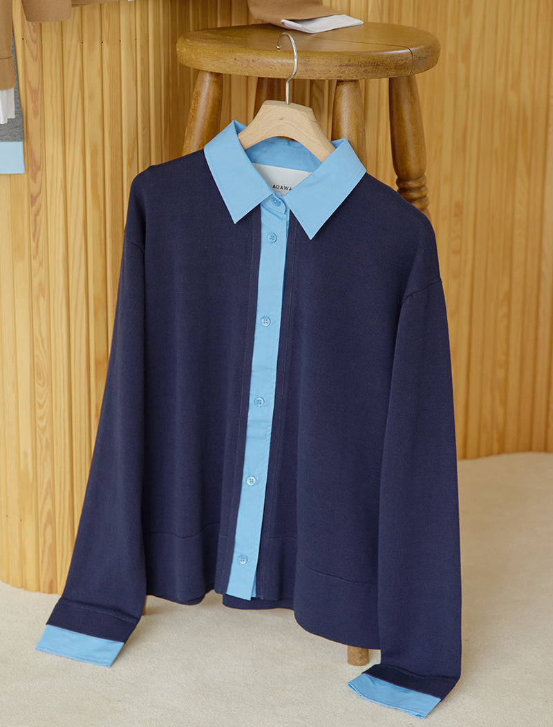 ADAWAS LAYERED-DETAIL SHIRT ネイビー×ブルー LAYERED-DETAIL SHIRT